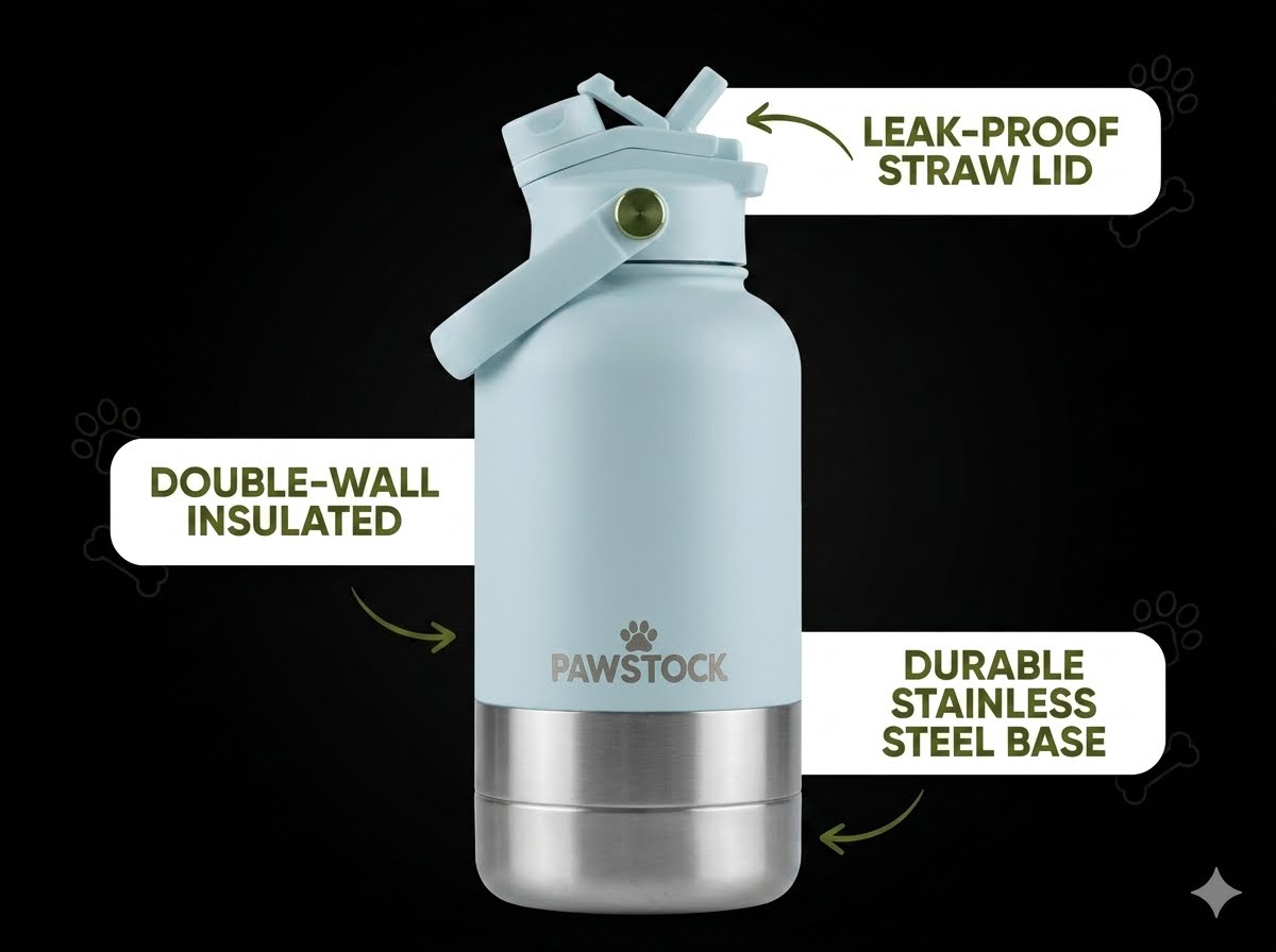 Dog 3-in-1 Insulated Dog Water Bottle with Dual Bowls – 1L Stainless Steel Travel Bottle-Rainforest Green