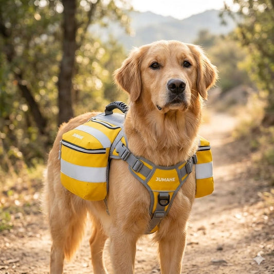 Yellow Saddle Bag Dog Backpack - Adjustable Harness Pack for Hiking, Camping & Travel with Medium to Large Dogs