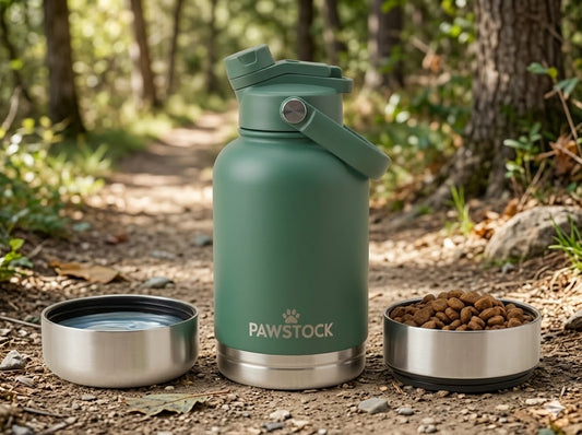 Dog 3-in-1 Insulated Dog Water Bottle with Dual Bowls – 1L Stainless Steel Travel Bottle-Rainforest Green