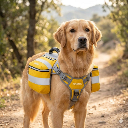 Yellow Saddle Bag Dog Backpack - Adjustable Harness Pack for Hiking, Camping & Travel with Medium to Large Dogs