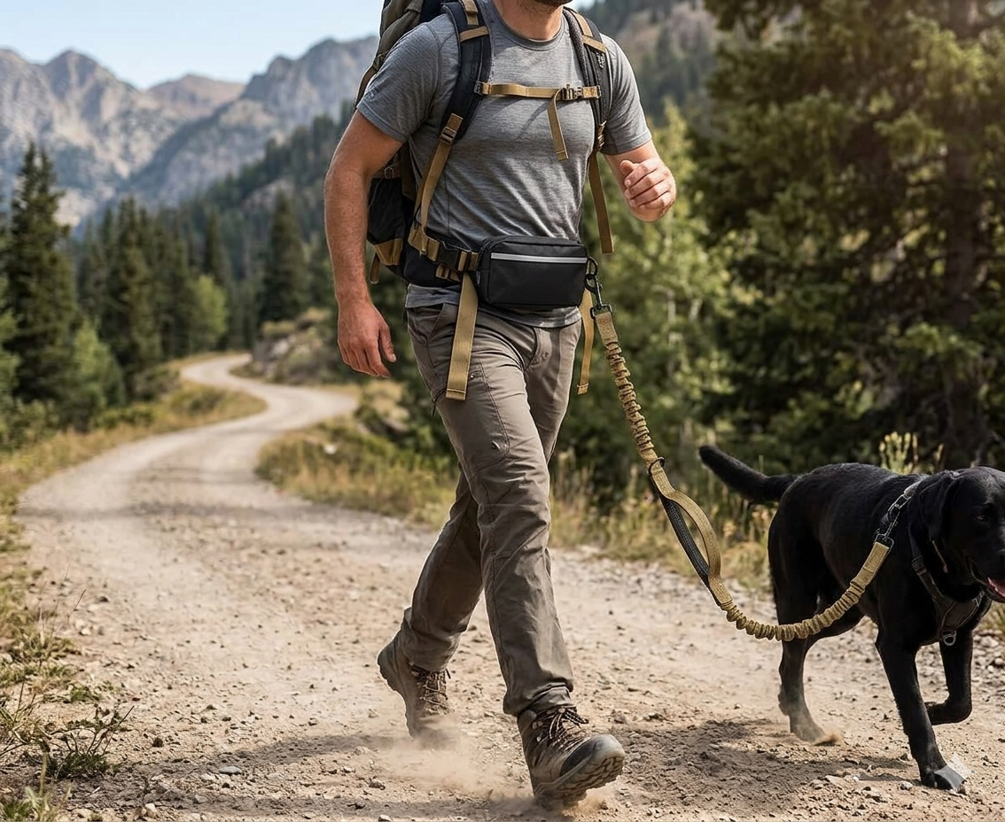 Hands-Free Dog Leash with Waist Belt and Storage Pouch, Shock-Absorbing Bungee Leash for Running, Walking, and Outdoor Adventures